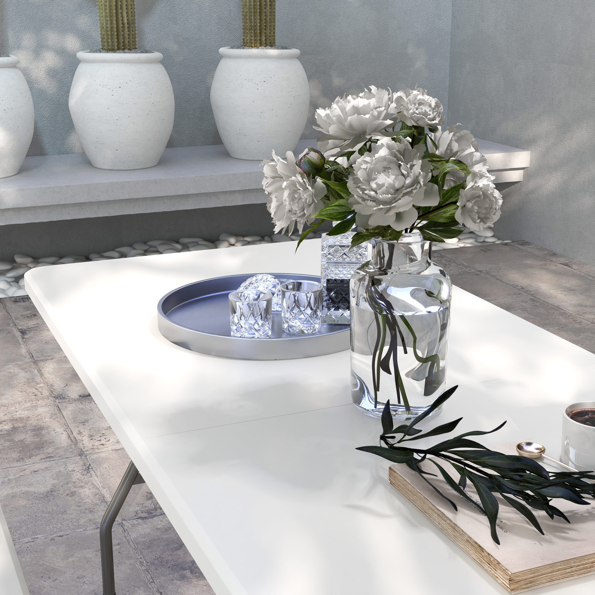 Folding Garden Table, Patio Table with Metal Frame, White