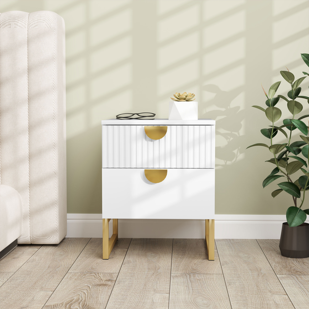 Bedside Table with 2 Drawers for Bedroom, Living Room, White