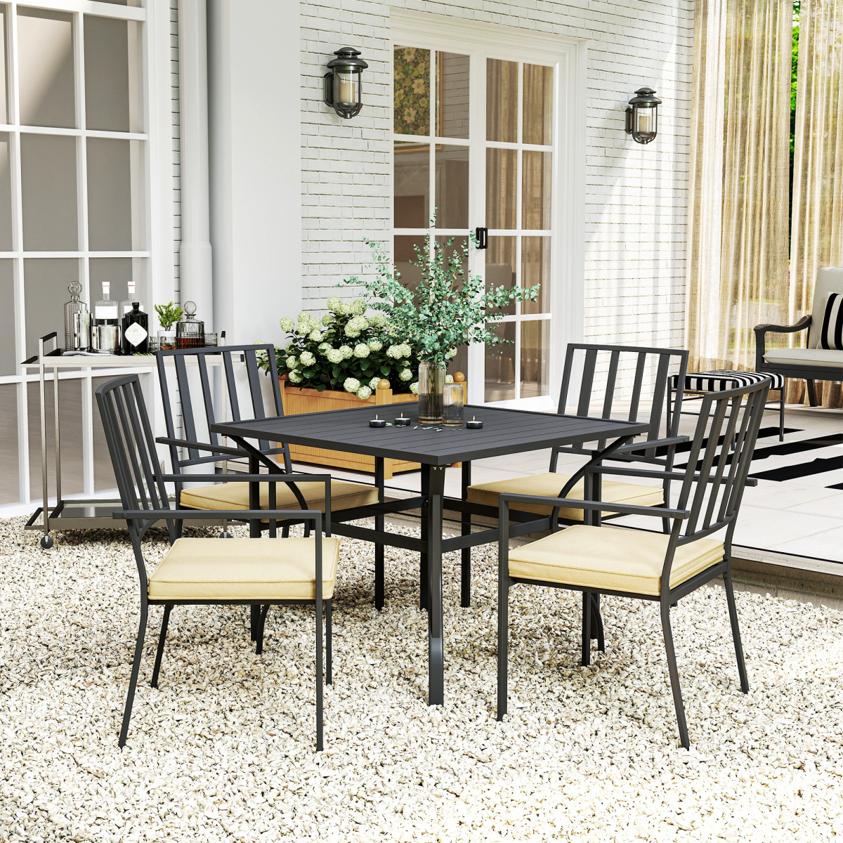 Garden Dining Set w/ 4 Stackable Cushioned Chairs and Metal Top Table
