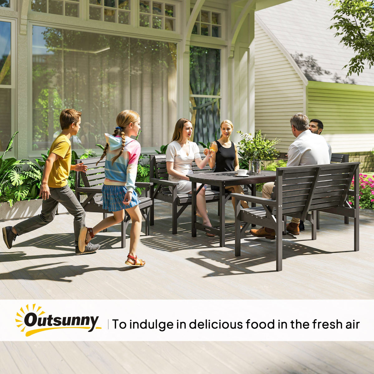 Patio Dining Set Wooden Table and Chairs w/ Umbrella Hole Grey 5PC