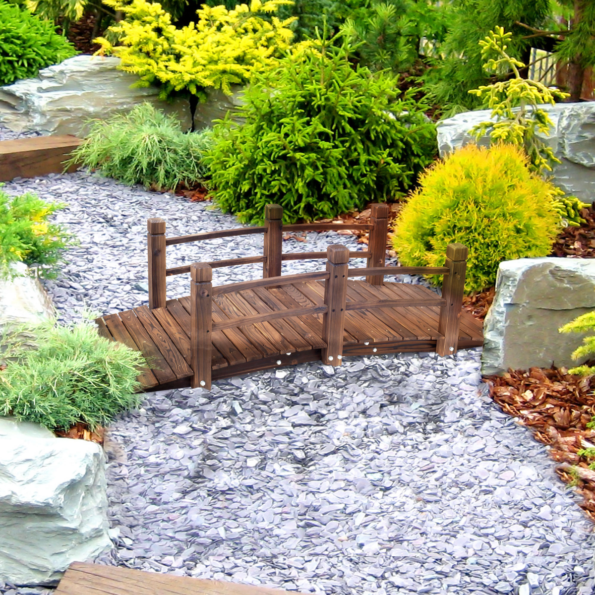 Wooden Garden Bridge Lawn Decor Stained Finish Arc Outdoor Pond Walkway