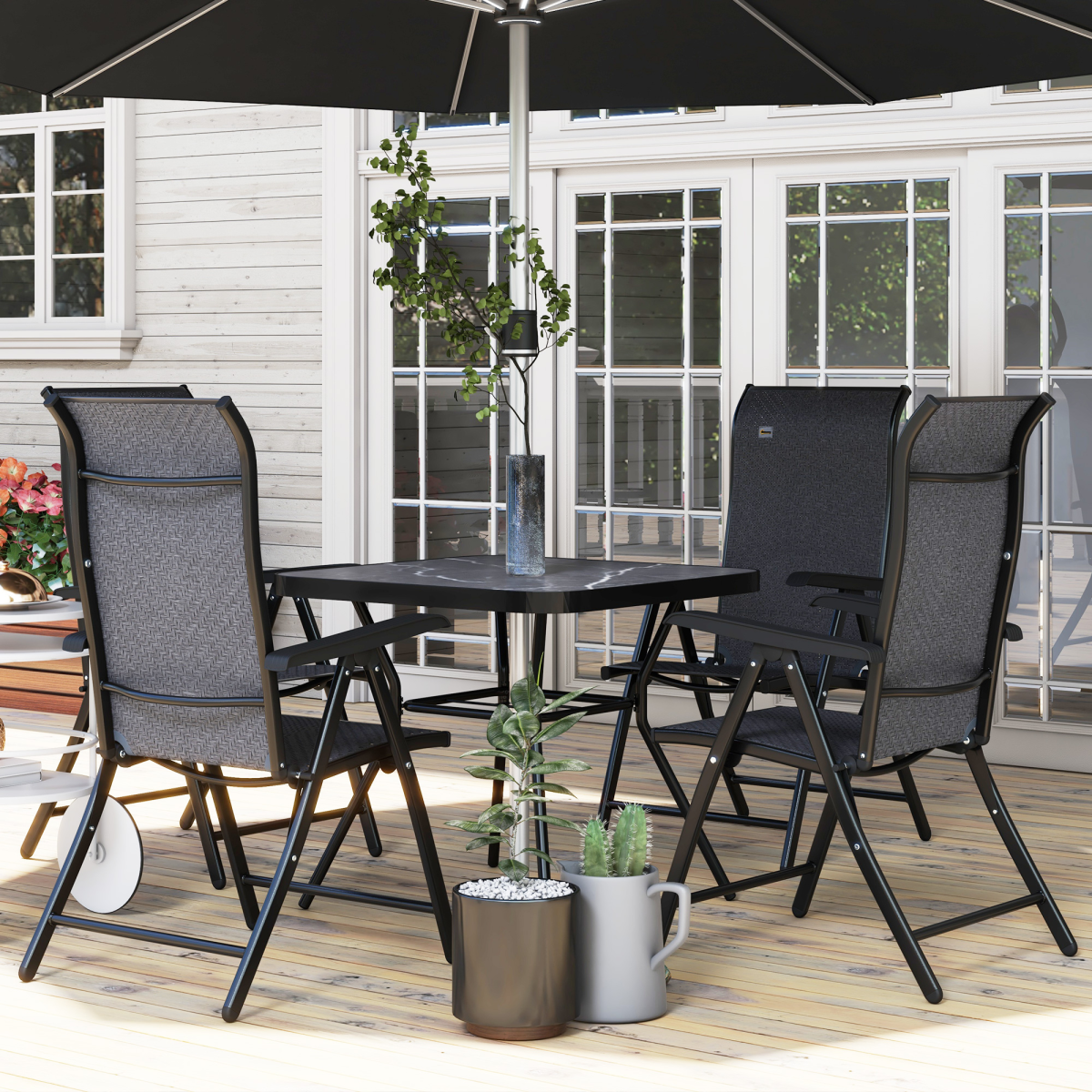 Outsunny Set of 4 Outdoor Rattan Folding Chair Set w/ Adjustable Backrest Grey