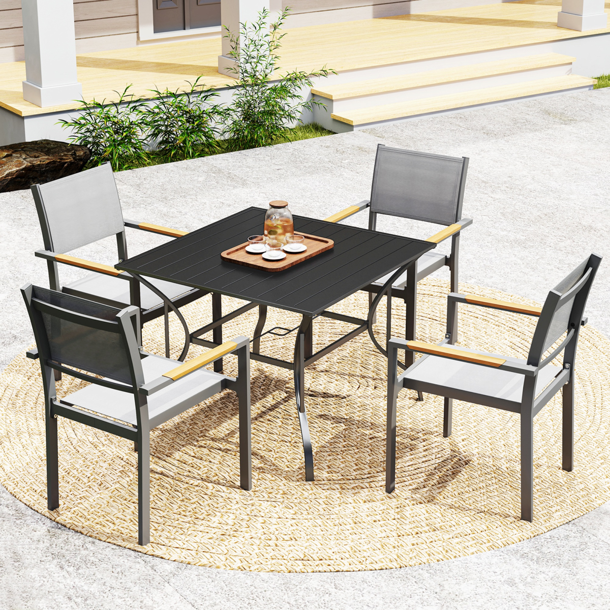 Garden Table with Parasol Hole for Four, Slatted Metal Plate Top