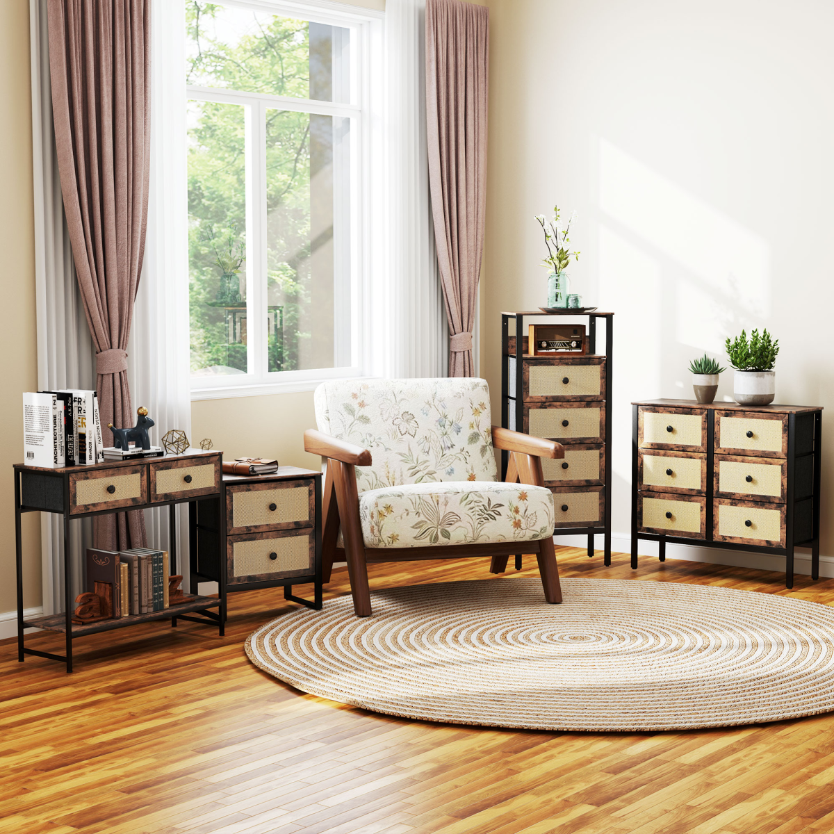 Bedside Table with 2 Rattan Drawers and Steel Legs, Rustic Brown