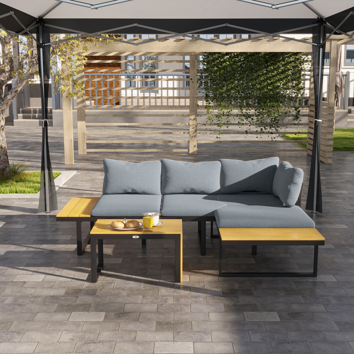 3PCs Patio Furniture Set w/ Cushions, Wood Grain Plastic Top Table