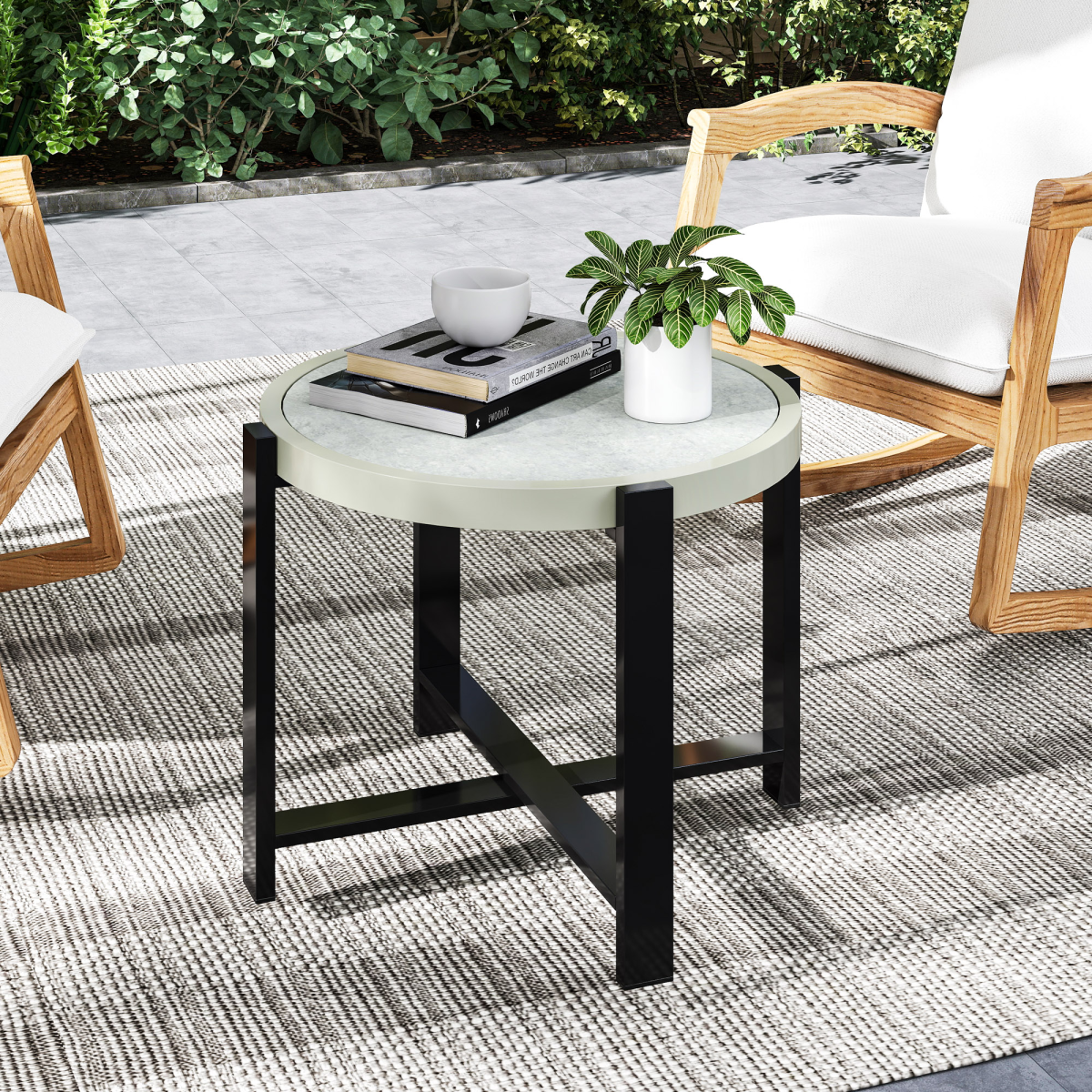Round Small Garden Table with Faux Marble Glass Top, Light Grey