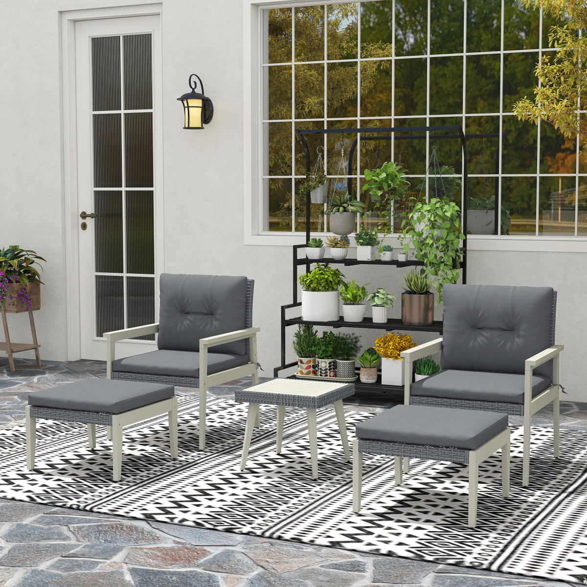 Outsunny 5 Pieces Rattan Patio set with Acacia Wood Top Coffee Table