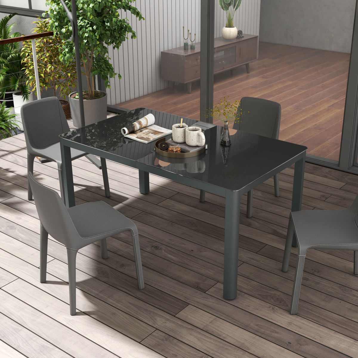 Outdoor Dining Table for 6 with Glass Top, Aluminium Frame, Grey