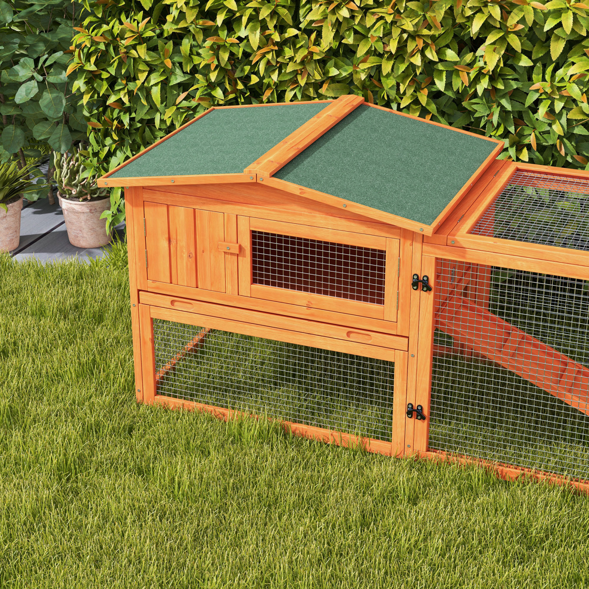 Rabbit Hutch and Run Outdoor Sliding Tray Hay Rack Ramp, 156x58x68 cm
