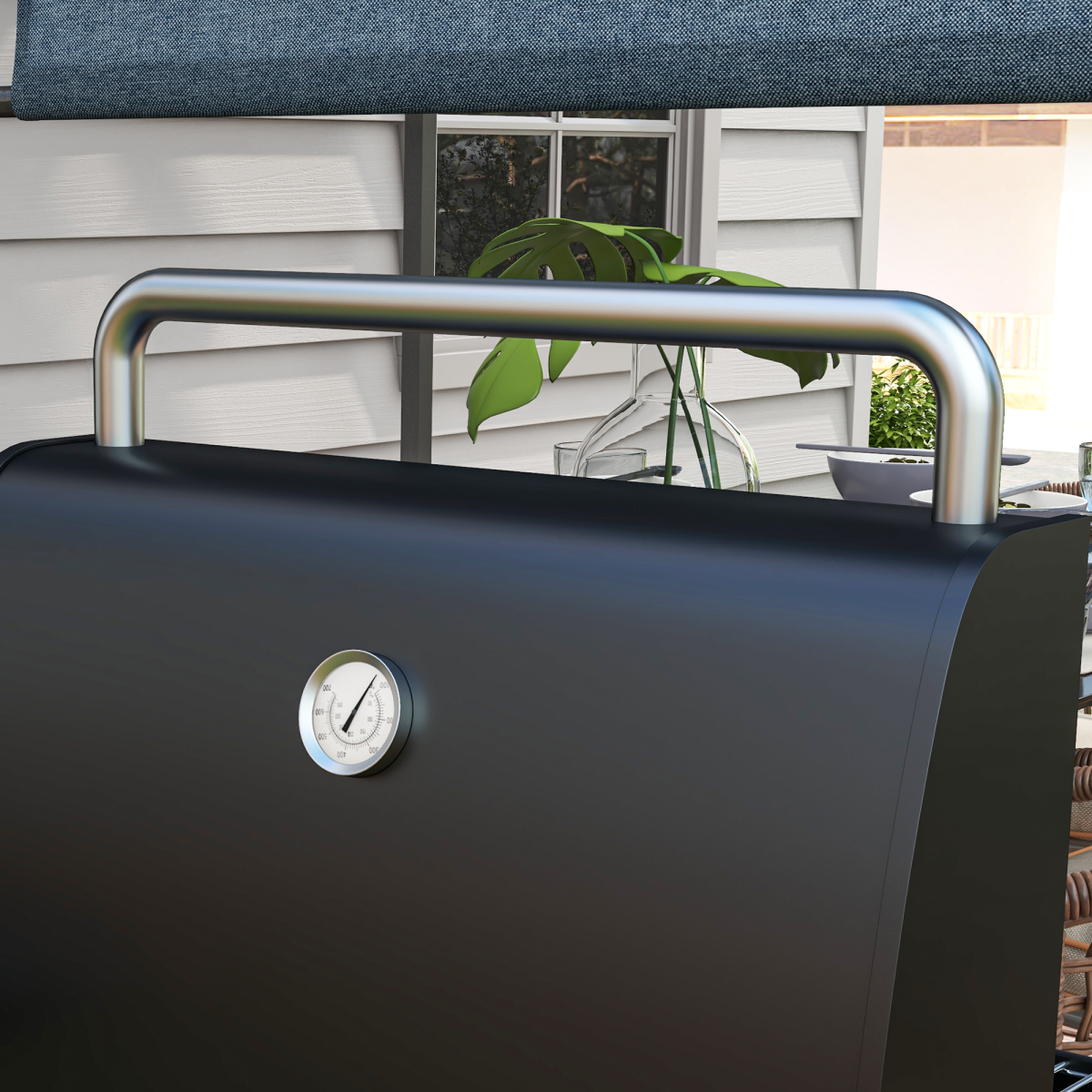 Charcoal Barbecue BBQ Grill Trolley W/ Shelves, Lid and Thermometer