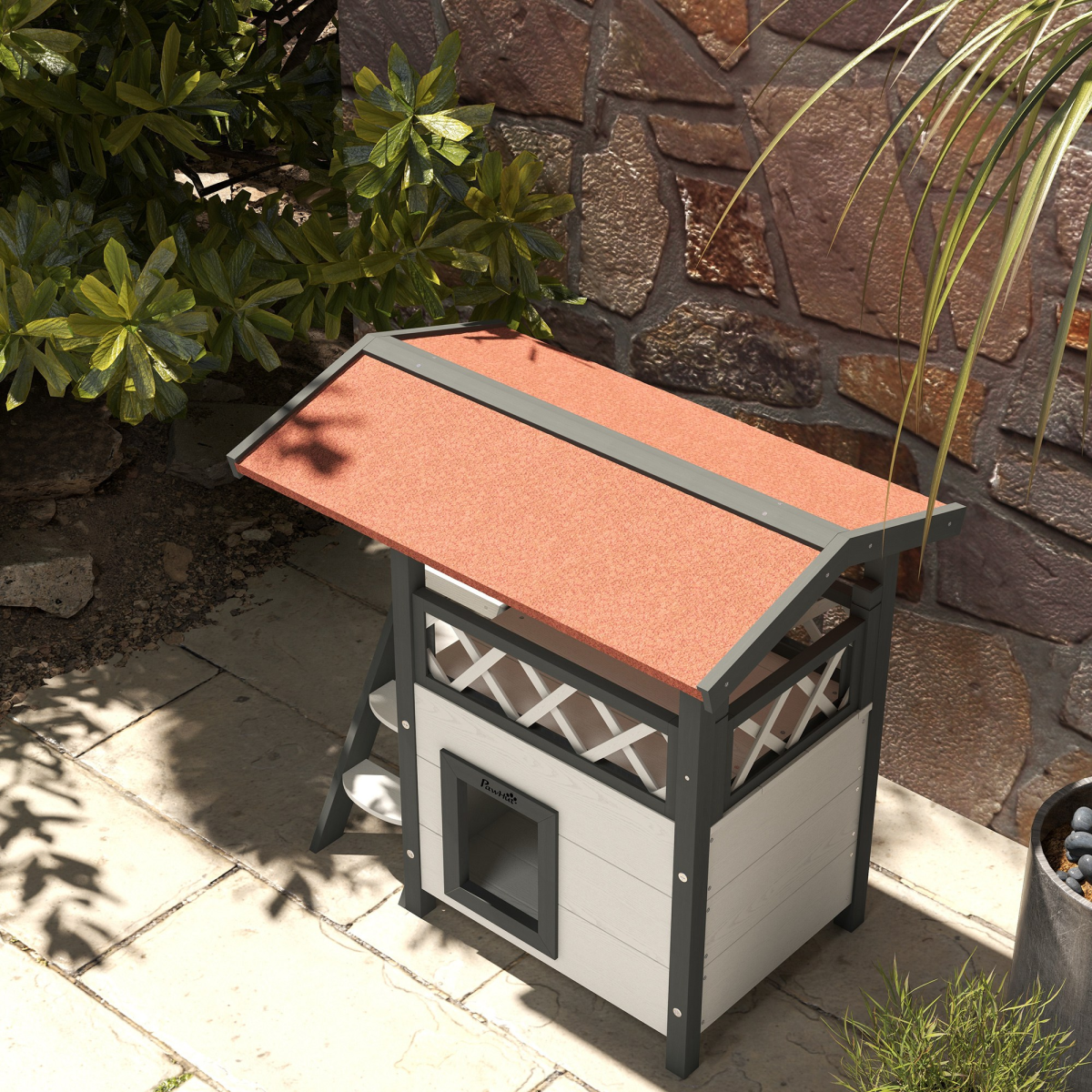 Outdoor Cat House with Balcony Stairs Roof, White
