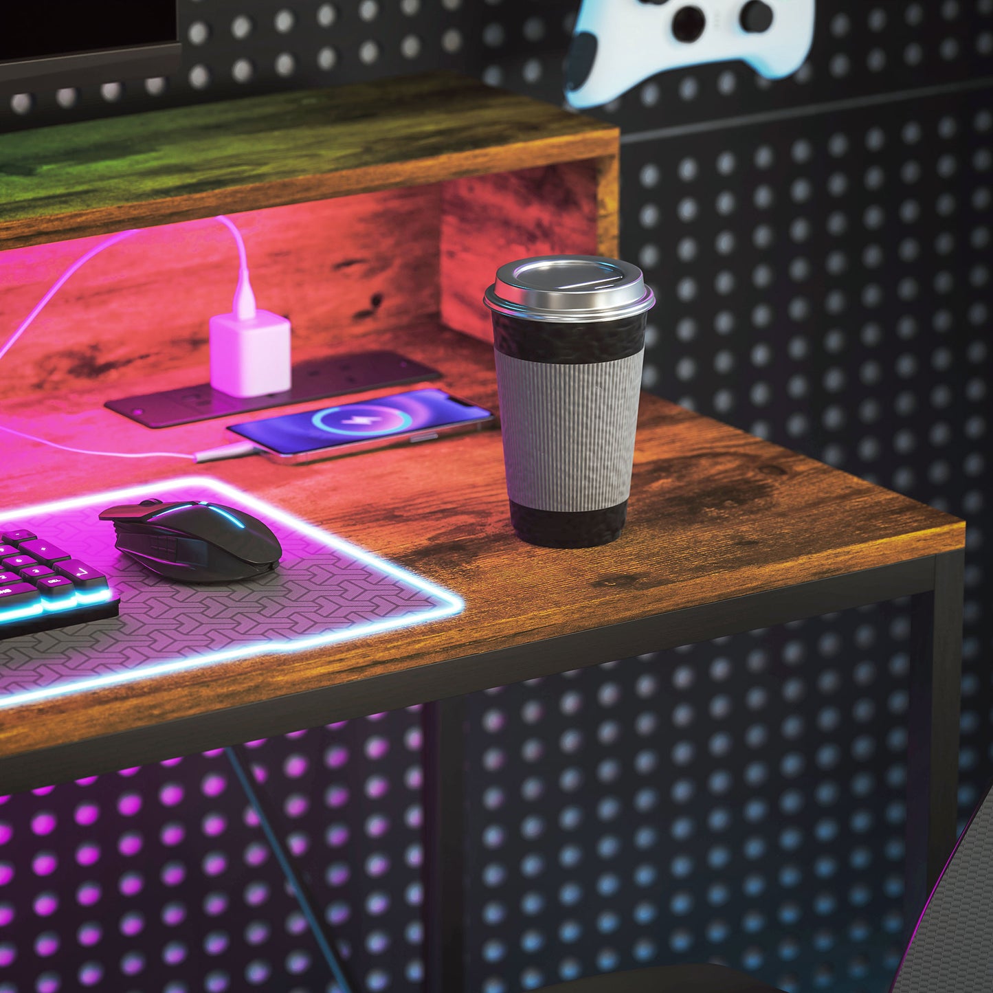 Computer Desk with LED Lights, Study Table with Shelf, Rustic Brown