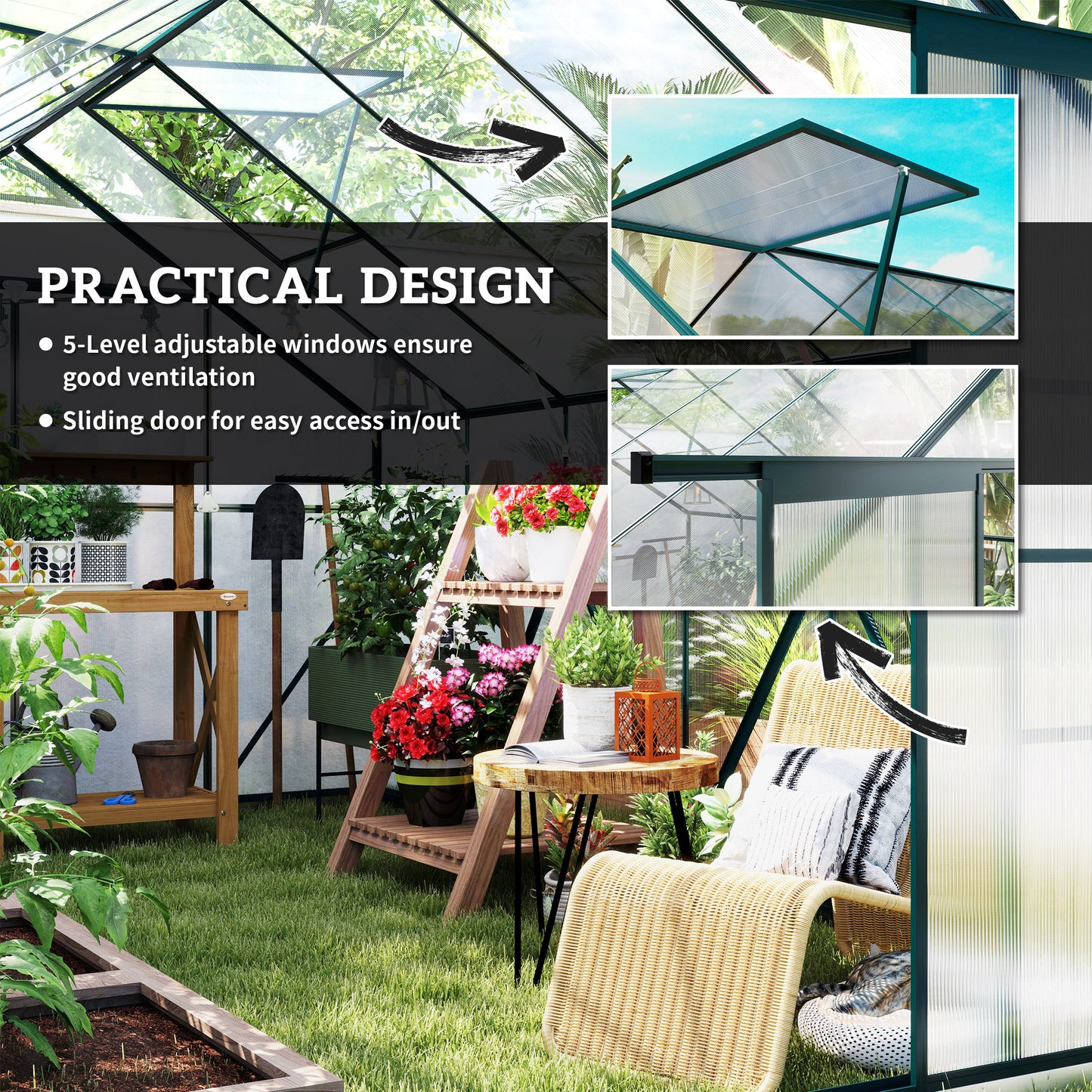 8x12ft Polycarbonate Walk-in Greenhouse Outdoor Double Sliding Door