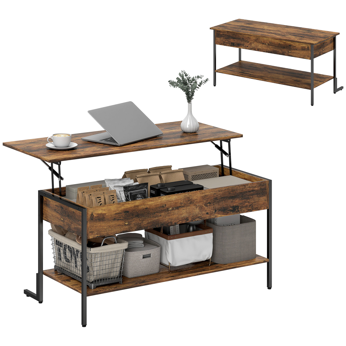 Industrial Lift Top Coffee Table with Storage Shelf Rustic Brown