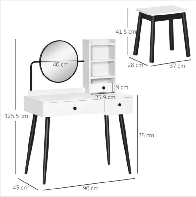 Dressing Table Set with Stool White 90 x 45 x 125.5cm