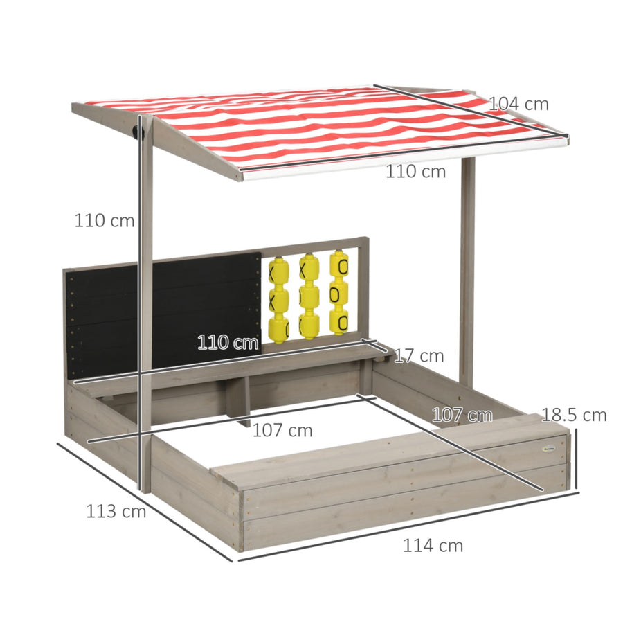 114 x 113cm Kids Wooden Sandpit with Adjustable Canopy and Seats Grey