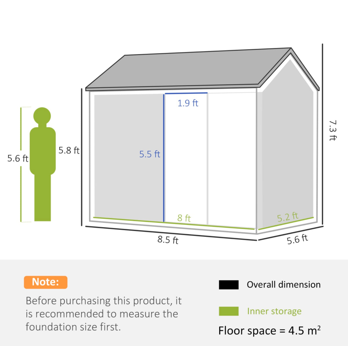 8 x 6ft Metal Garden Shed Grey