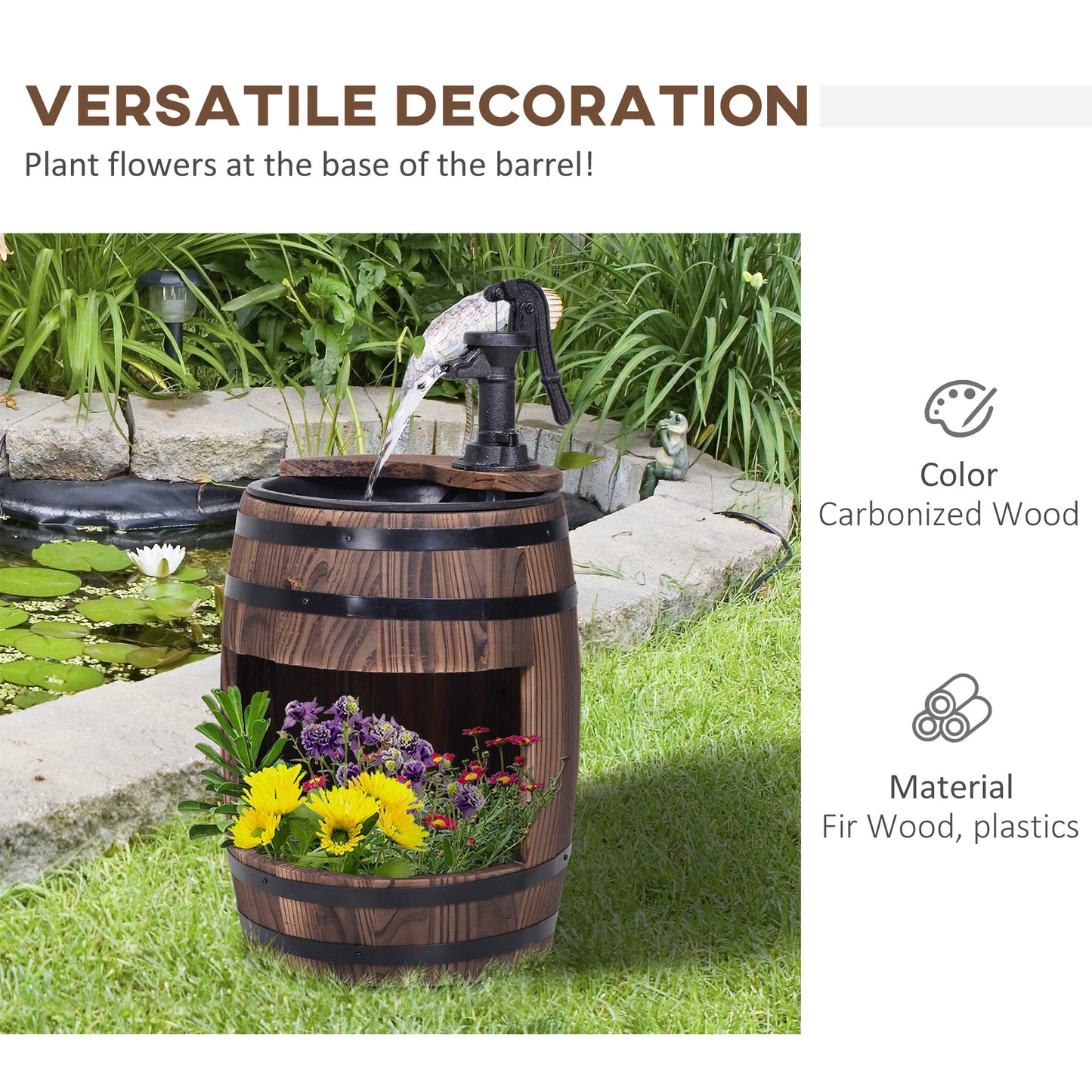 Wood Barrel Pump Garden Fountain Water Feature Flower Planter Stand New