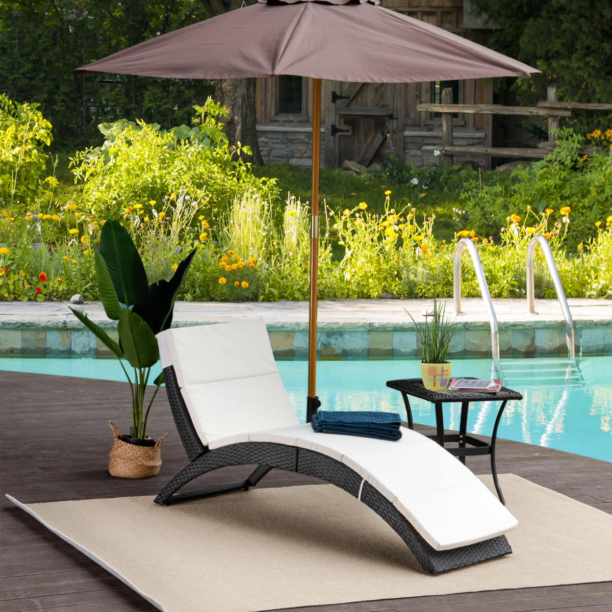 Sun Lounger Rattan Hammock Sun Bed Garden Folding Recliner Chair w/ Cushion