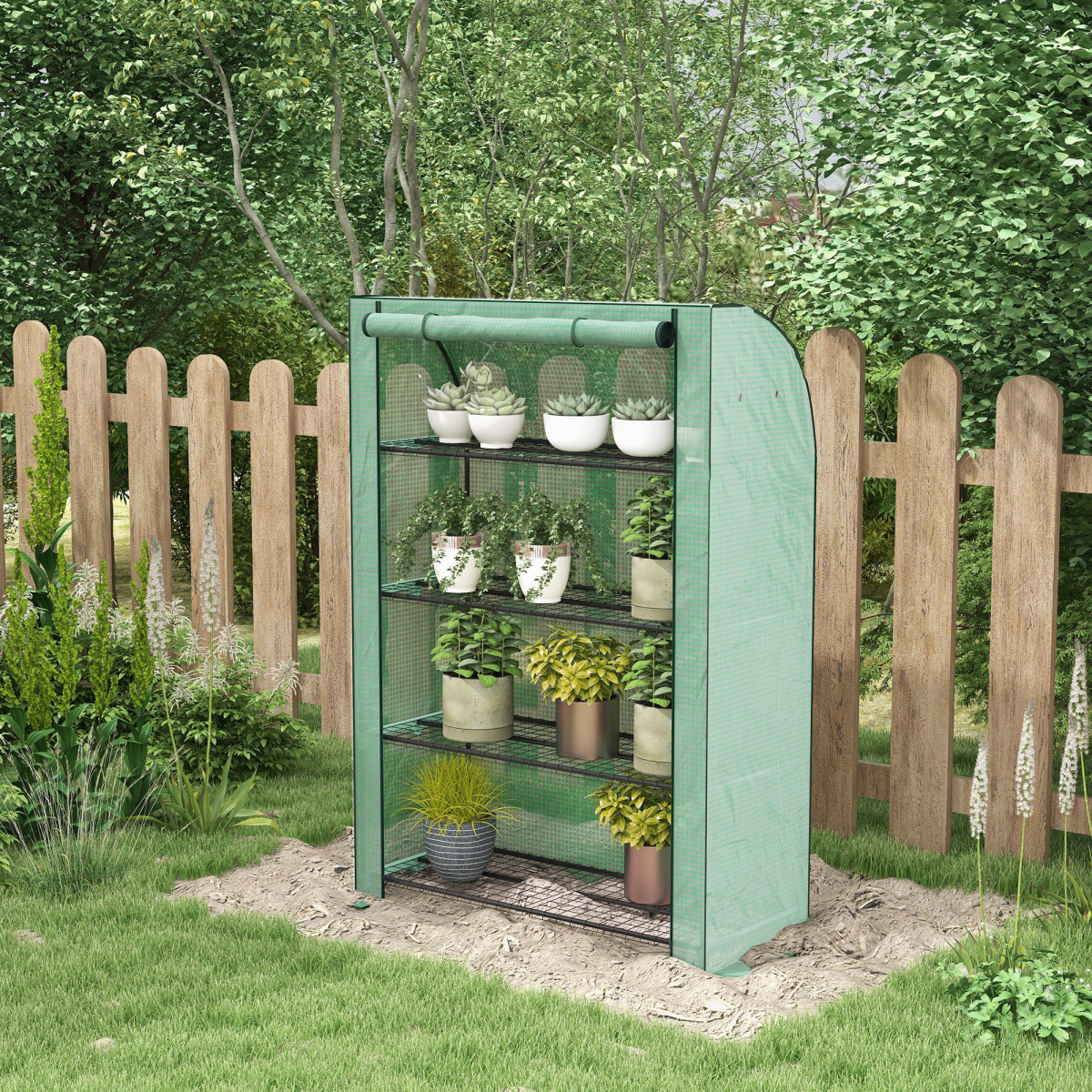 Mini Green House with 4 Tier Shelves, 170H x 120W x 50Dcm, Green