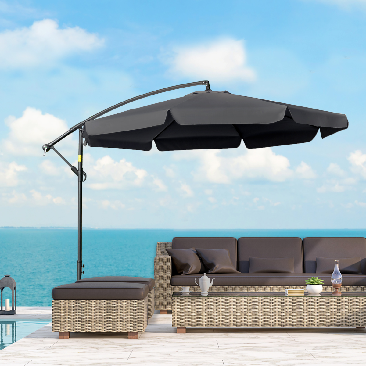 2.7m Garden Cantilever Banana Parasol Sun Shade w/ Crank, Black