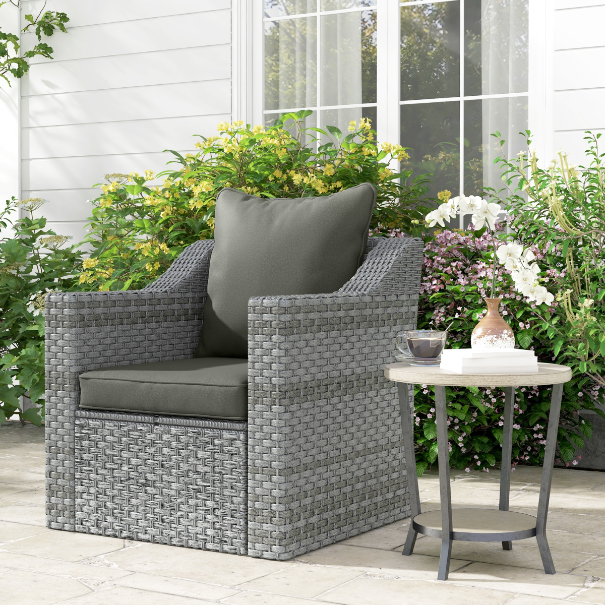 One-piece Outdoor Back and Seat Cushion for Garden, Charcoal Grey