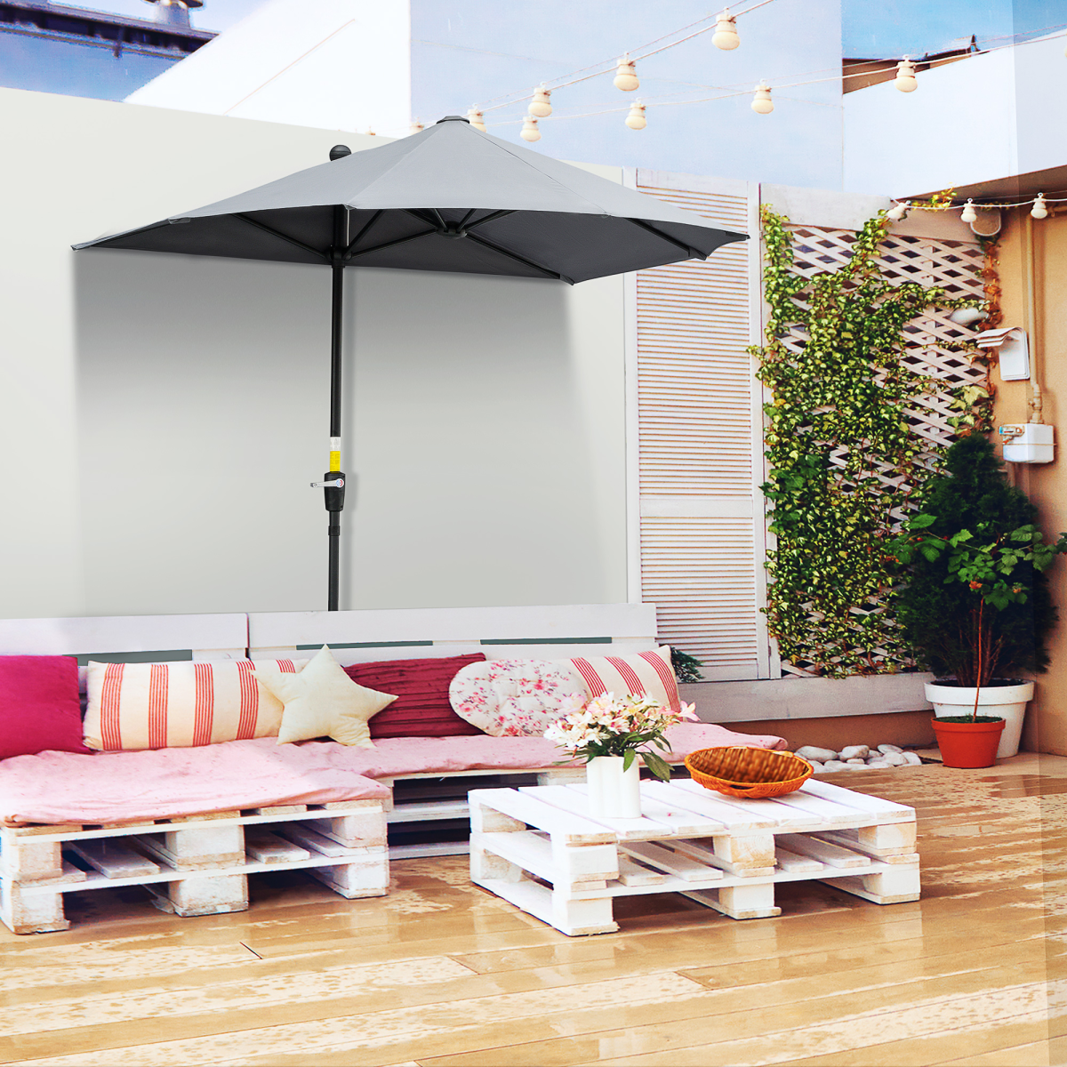 2m Half Garden Parasol Market Umbrella w/ Crank Handle, Base Dark Grey