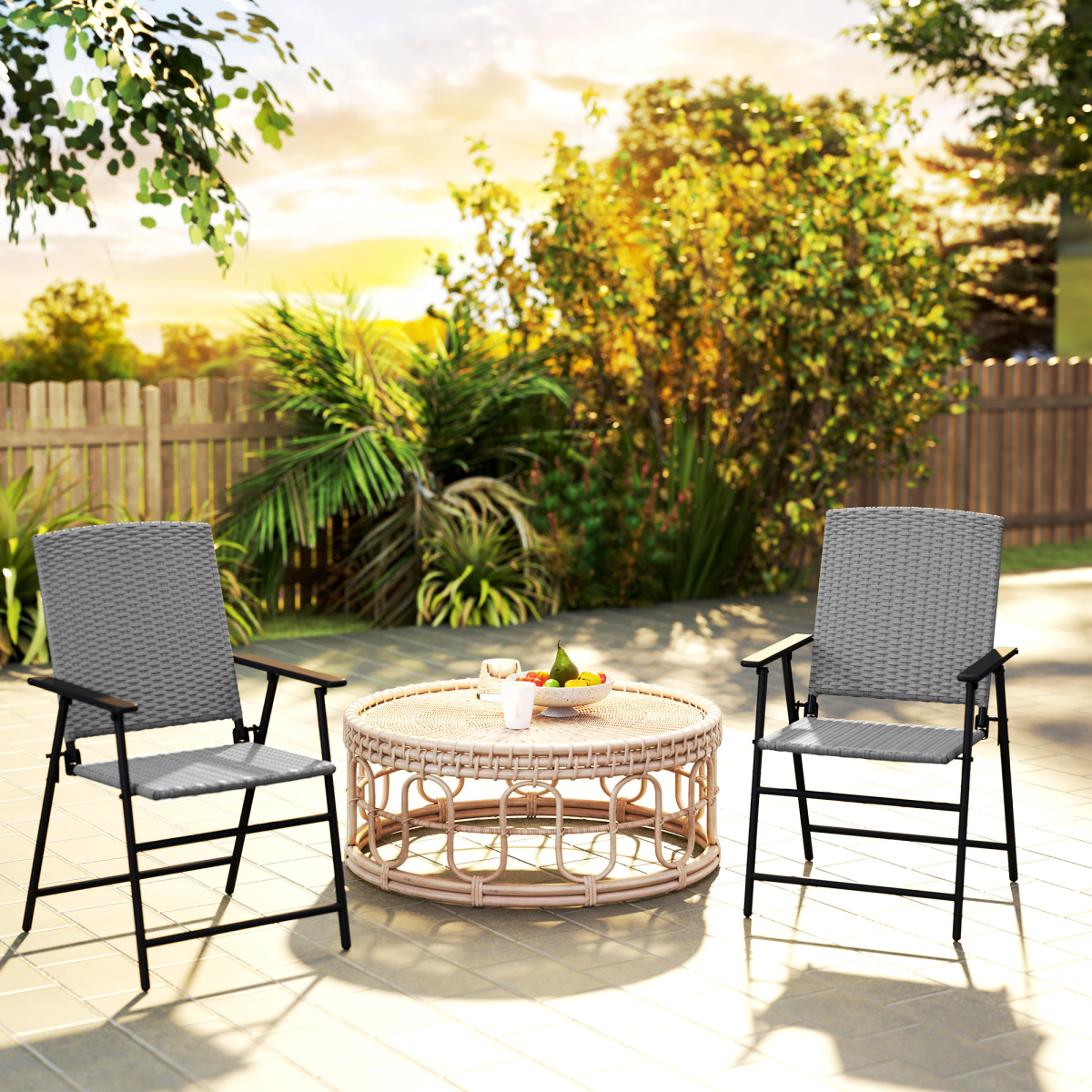 2pcs Rattan Chair Foldable Garden Furniture w/ Armrest Grey