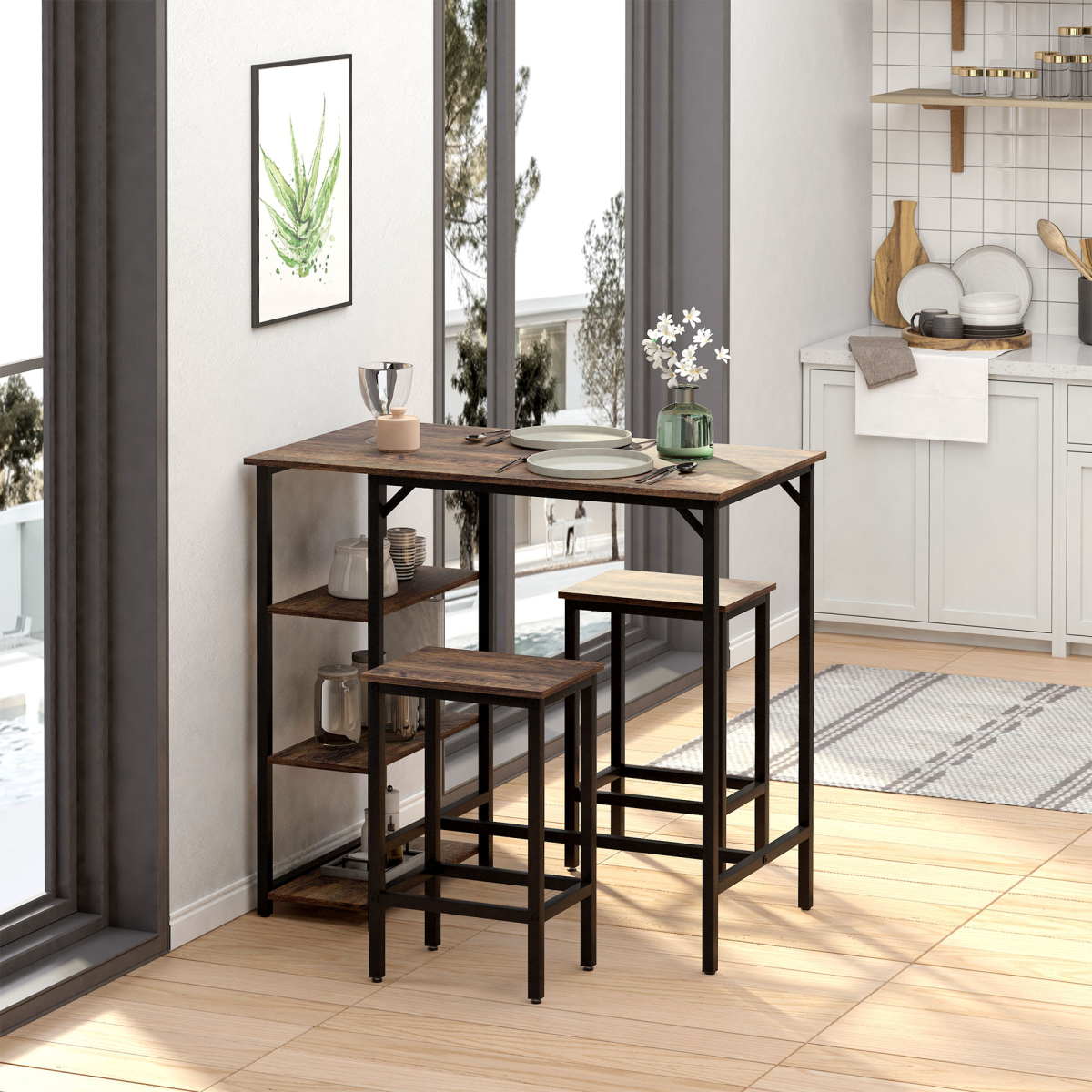 Industrial Bar Height Dining Table Set With 2 Stools & Side Shelf