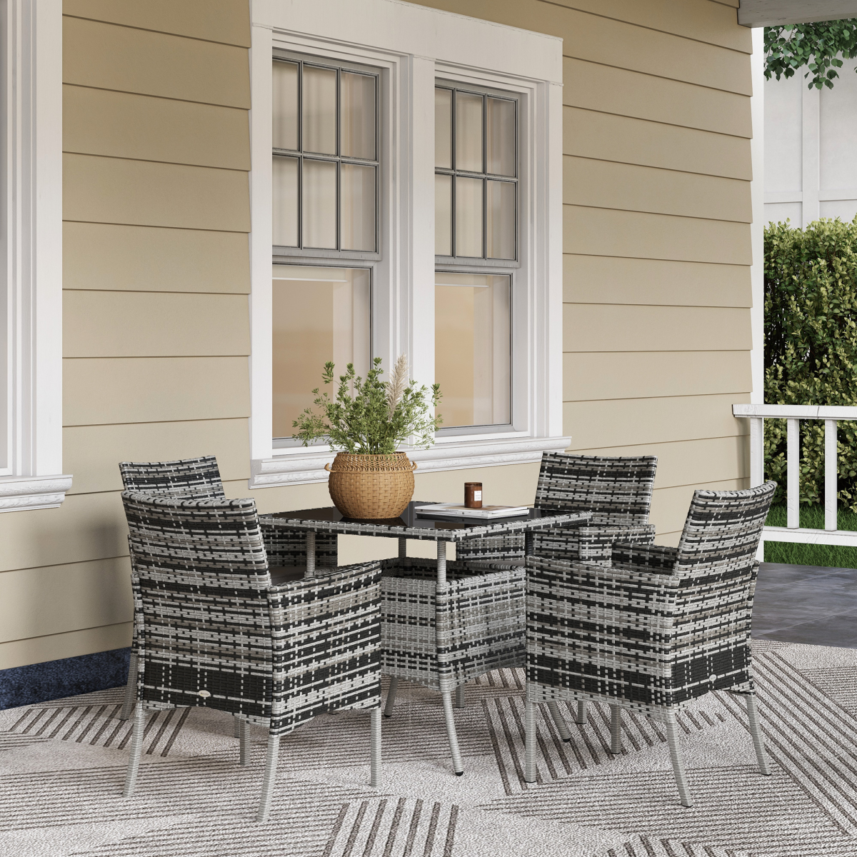 4 Seater Rattan Garden Furniture Set w/ Tempered Glass Tabletop - Grey