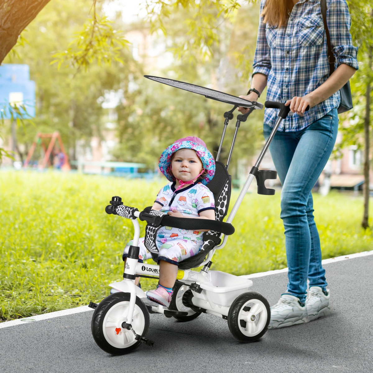 6 in 1 Kids Tricycle w/ Removable Handle for 1.5 year, White