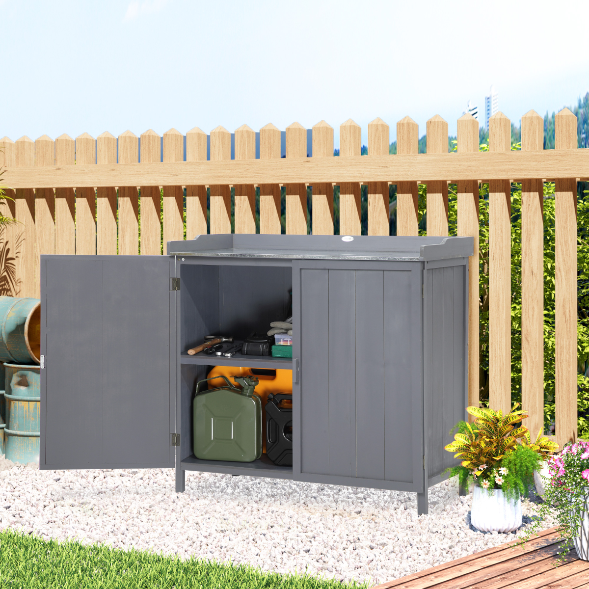 Garden Storage Cabinet, Potting Bench Table Galvanized Grey