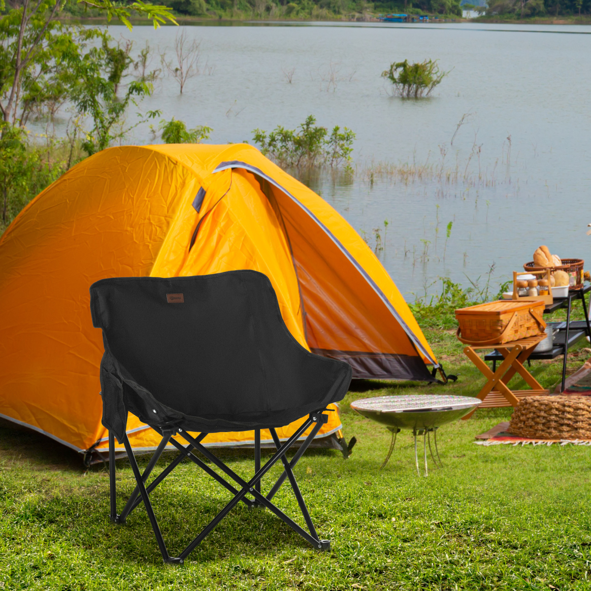 Folding Camping Chair with Carrying Bag and Storage Pocket, Black