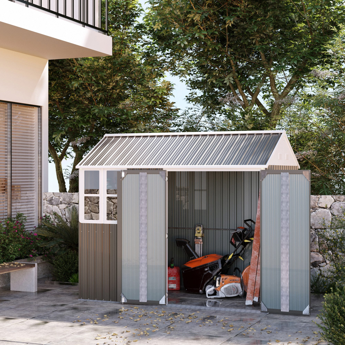 8x6ft Metal Garden Shed Outdoor Storage Shed w/ Doors Window, Grey
