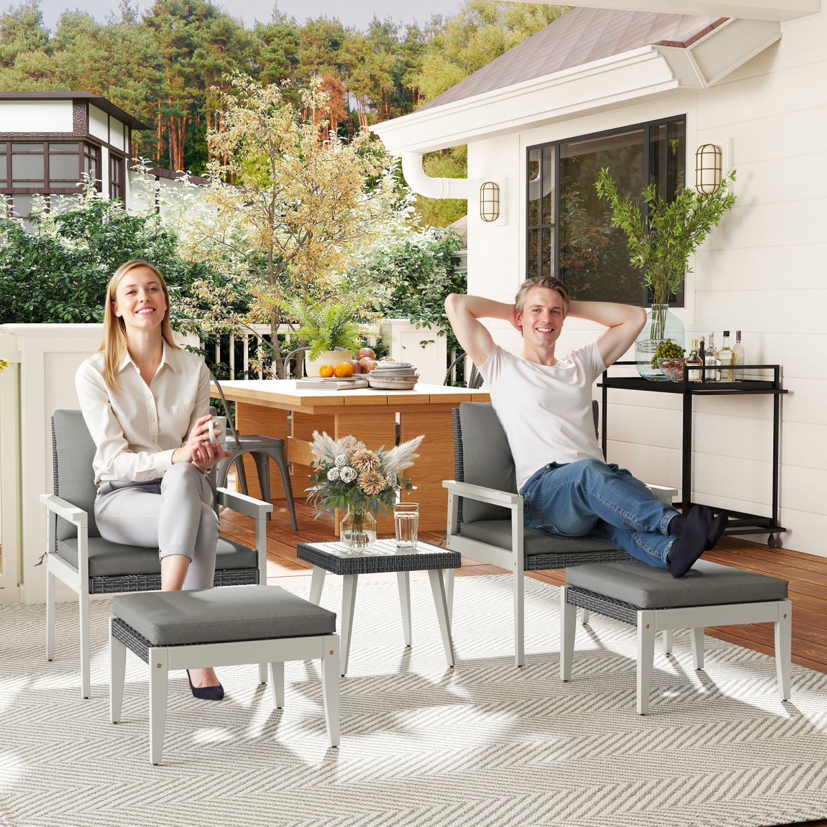 Outsunny 5 Pieces Rattan Patio set with Acacia Wood Top Coffee Table