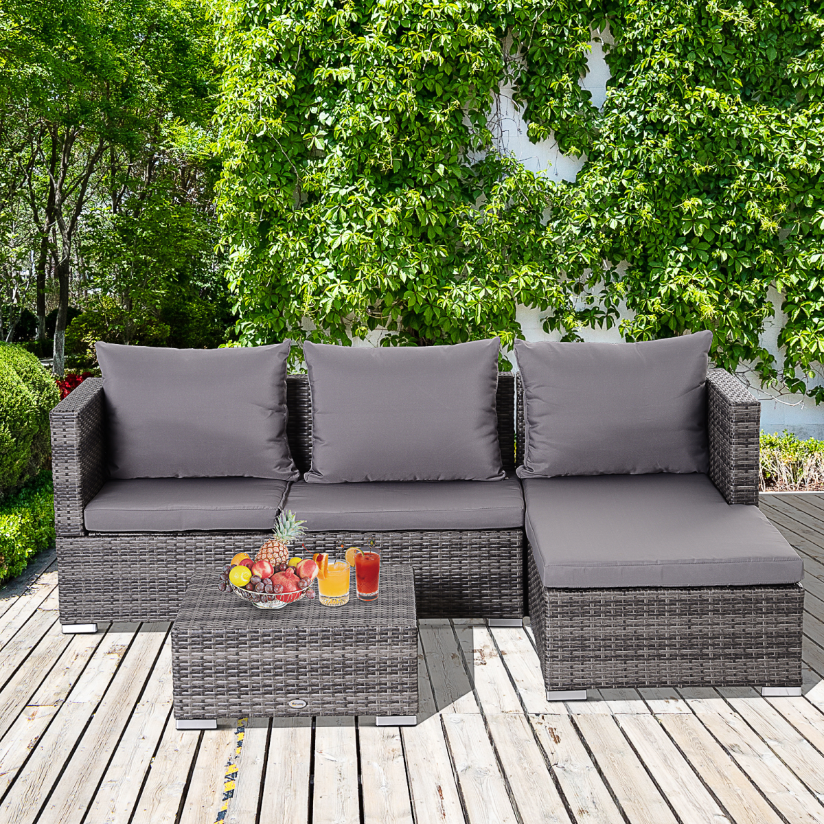 Rattan Garden Sofa Set Storage Table Wicker Patio Lounger 4-Seater Grey