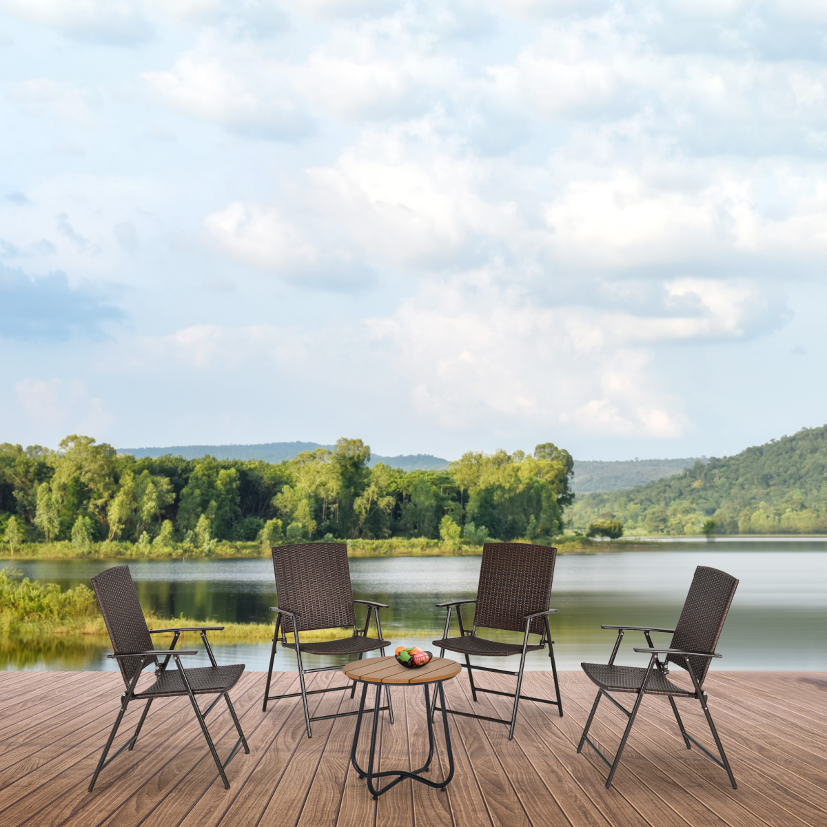 Outsunny 4pcs Rattan Chair Foldable Garden Furniture w/ Armrest Steel Frame