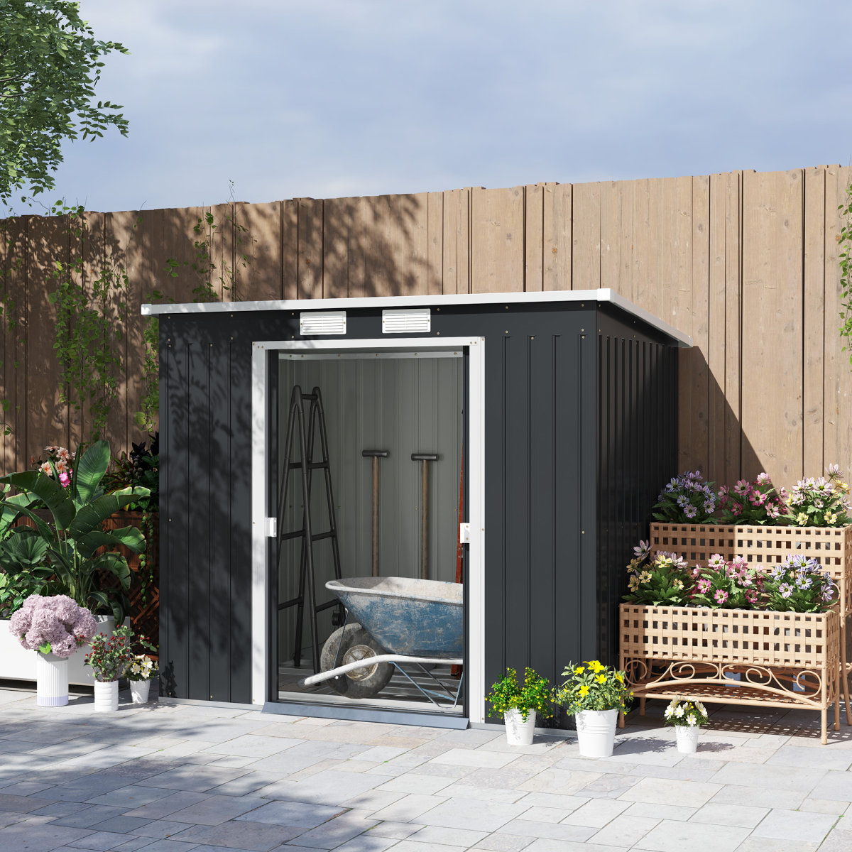 7 x 4ft Metal Garden Storage Shed w/ Double Door Dark Grey