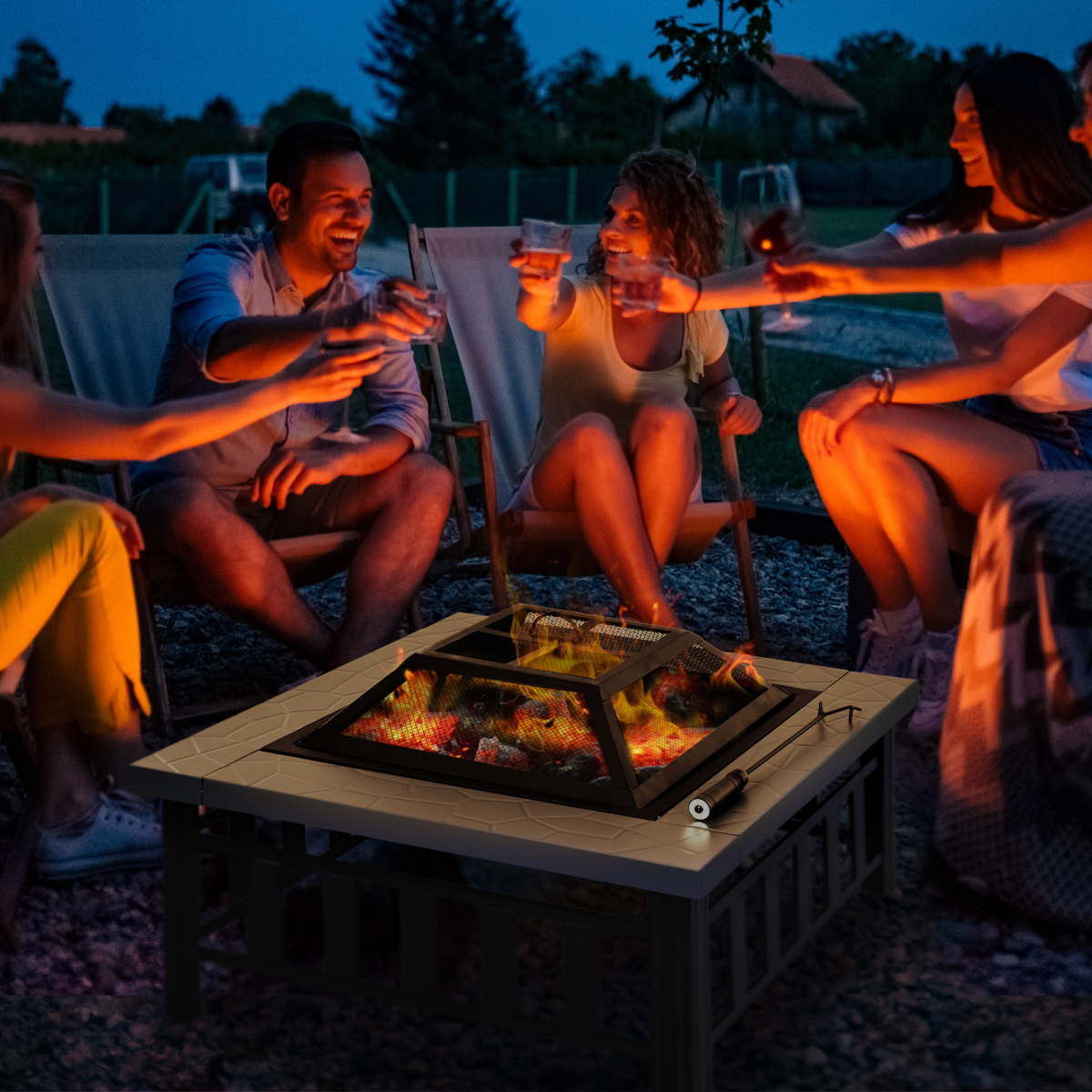 Fire Pit, Square Shape, W/Waterproof Cover-Black/Grey