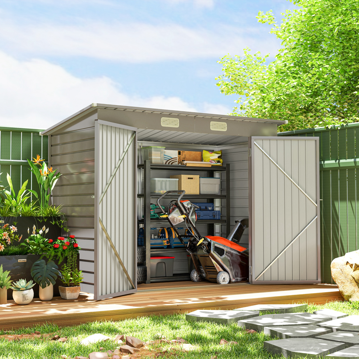 8 x 4FT Metal Garden Storage Shed with Double Doors, Light Grey