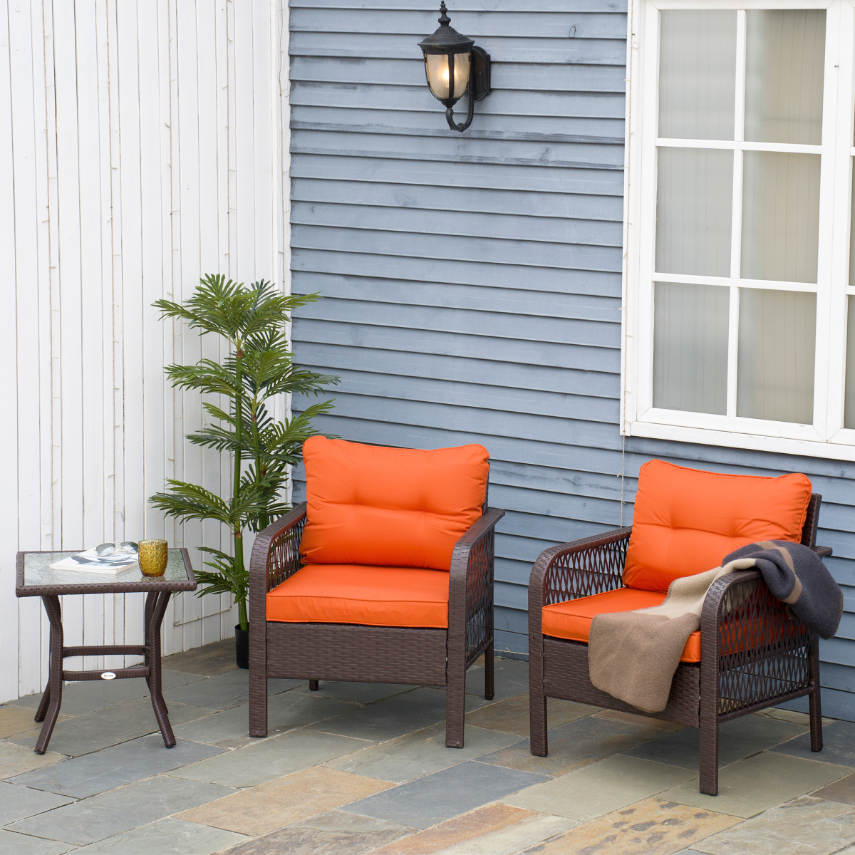 3 Pieces Patio Rattan Bistro Set with Tempered Glass Table Orange
