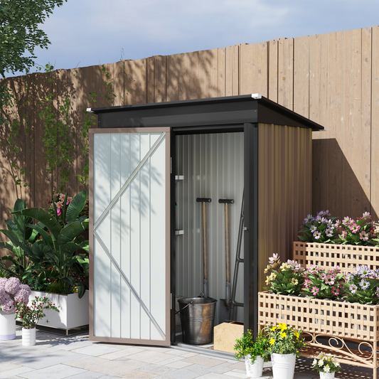 5 x 3ft Steel Garden Shed Lean To Storage with Adjustable Shelves Brown