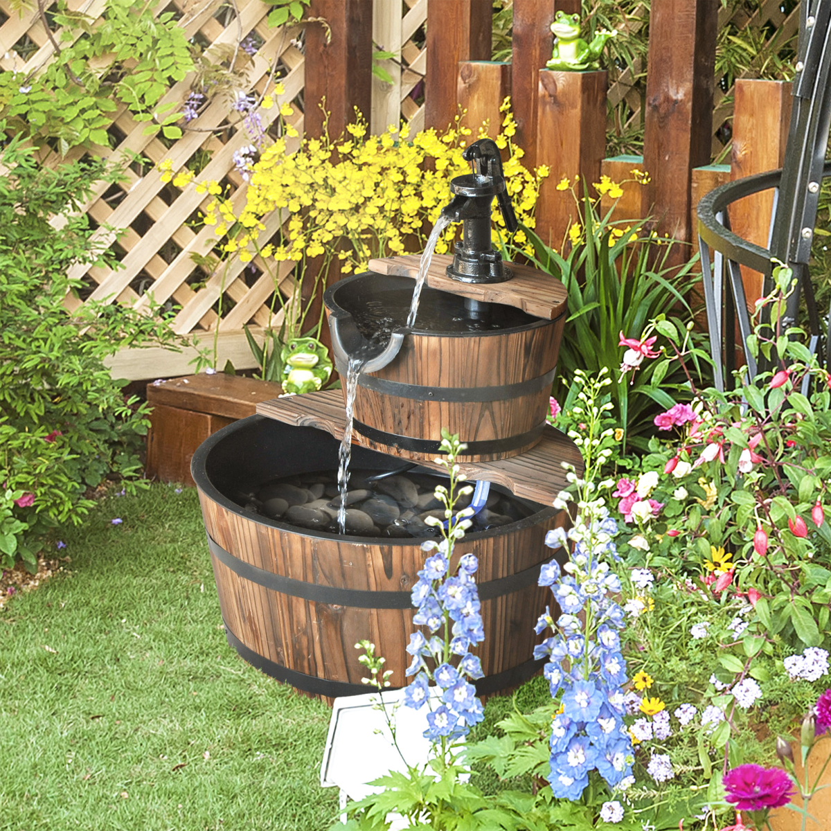 Wooden Water Pump Fountain, 2 Tier-Fir Wood/Steel