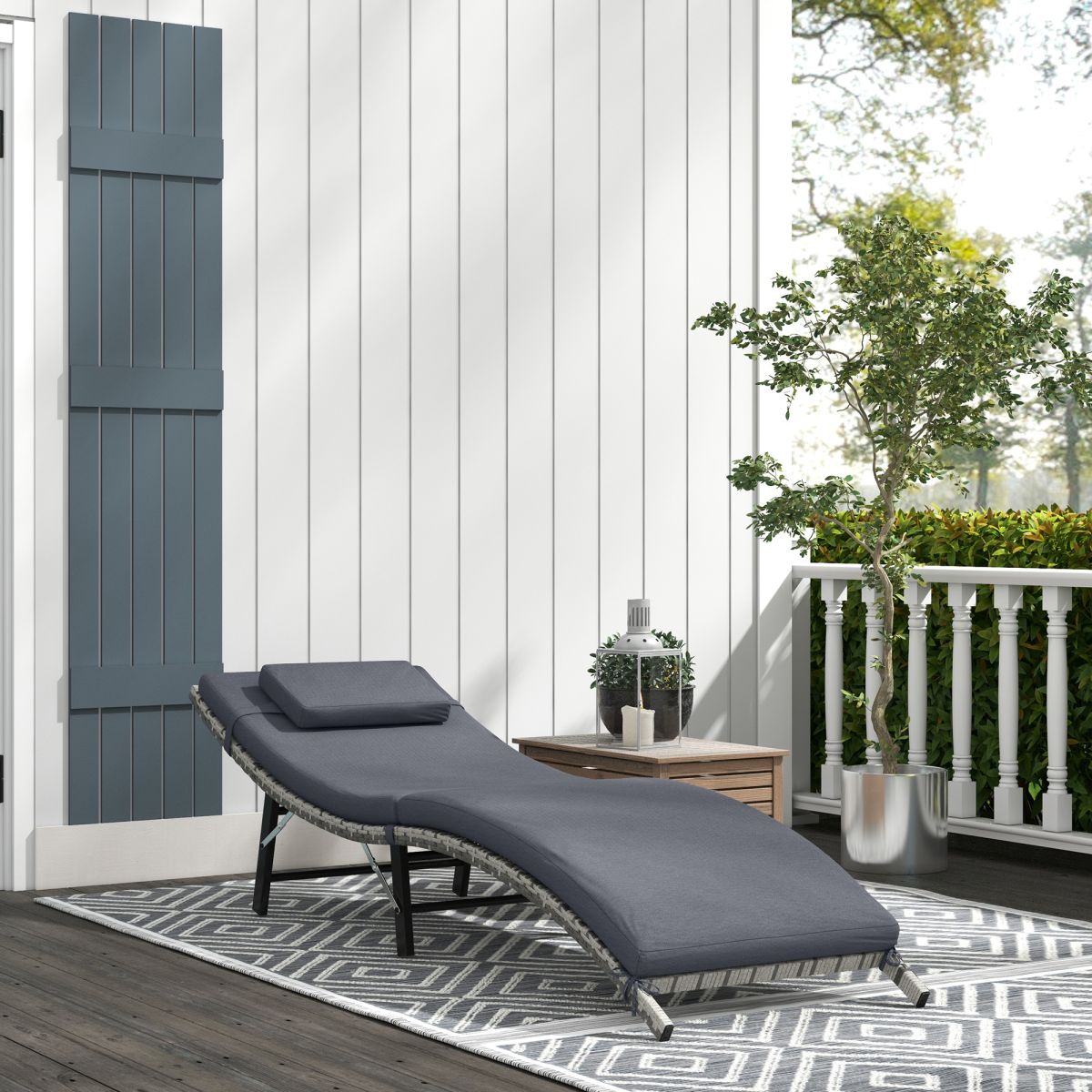 Folding Rattan Sun Lounger Outdoor Chair with Cushion and Pillow, Grey