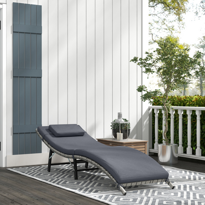 Folding Rattan Sun Lounger Outdoor Chair with Cushion and Pillow, Grey