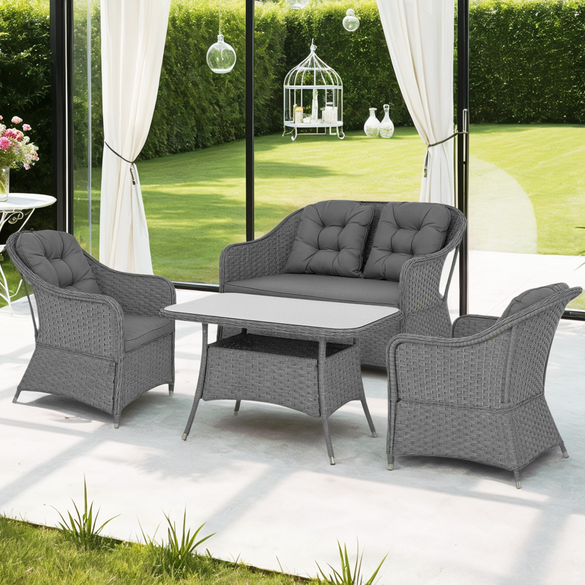Rattan Garden Furniture, Padded Cushions Conversation Sofa Set 4 PCS
