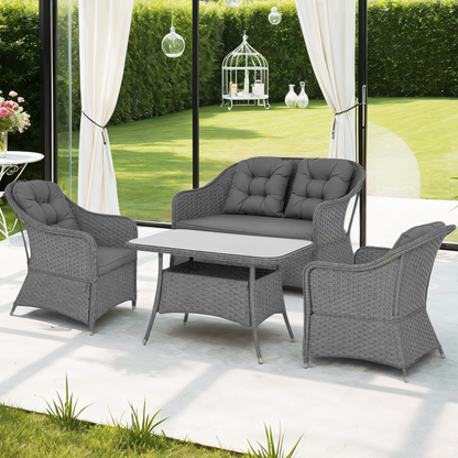 Rattan Garden Furniture, Padded Cushions Conversation Sofa Set 4 PCS