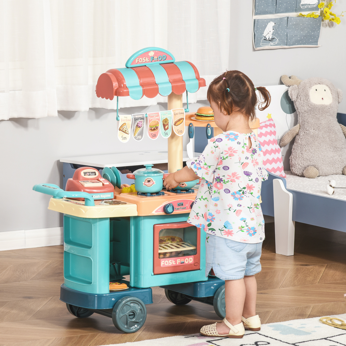 Kids Kitchen Play set Pretend Trolley Cart Toys for Age 3-6 50 Pcs