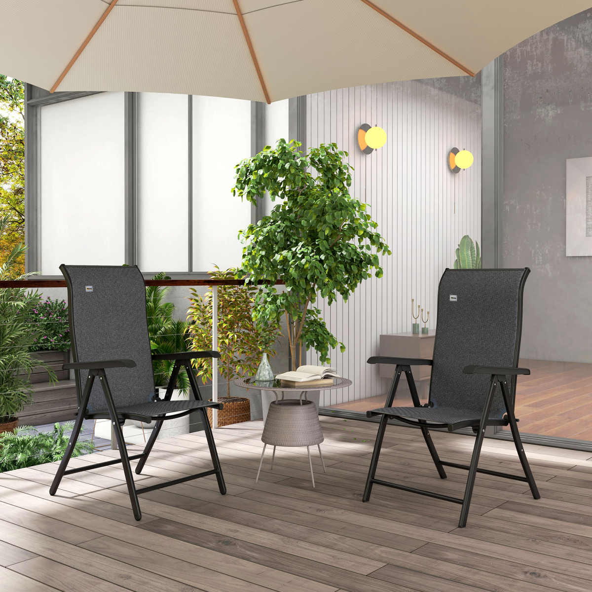 Set of 2 Outdoor Rattan Folding Chair Set w/ Adjustable Backrest Grey