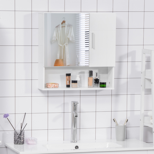 Bathroom Mirror Cabinet Wall Mount Storage Organizer w/ Door, White
